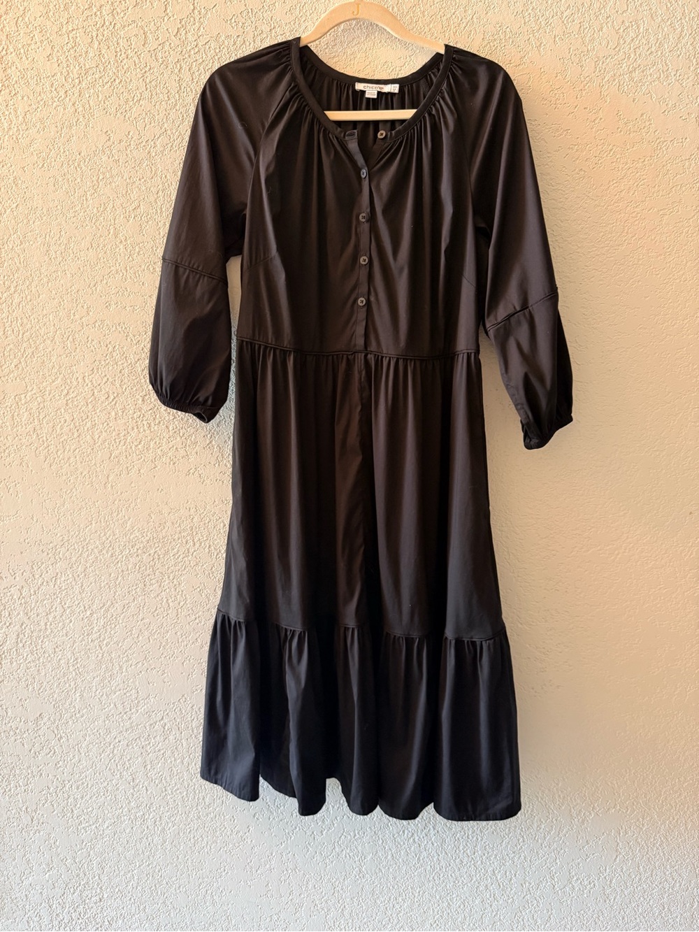 CHICO’S Black Poplin Tiered Balloon Sleeve Front Button Midi Dress Women’s Sz 2